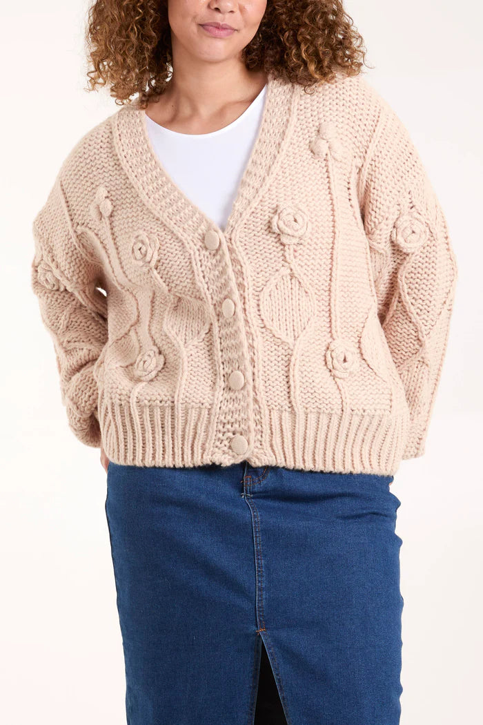 Beige Cable Knit Flower Cardigan