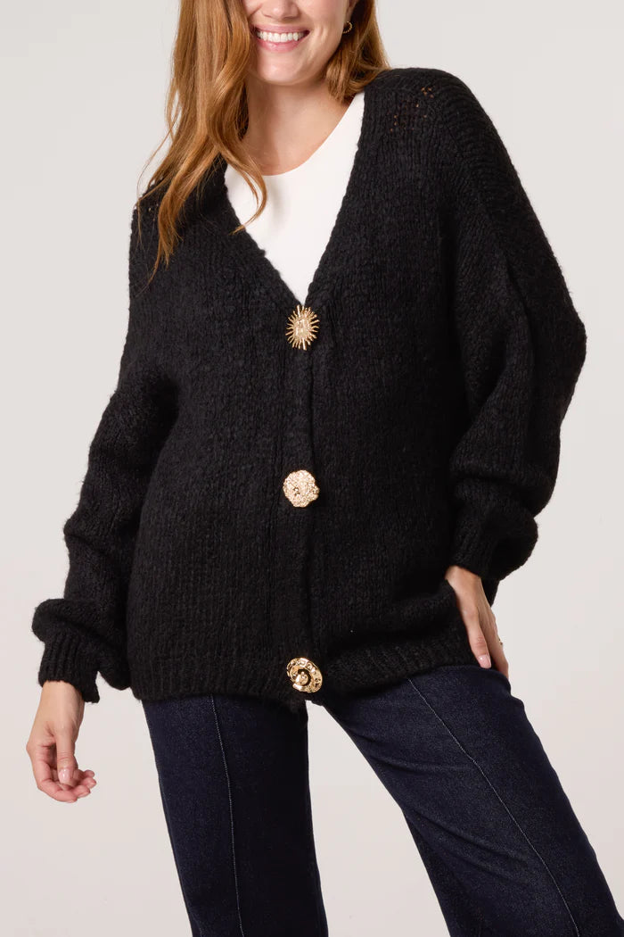 Brown Gold Brooch Button Knit Cardigan