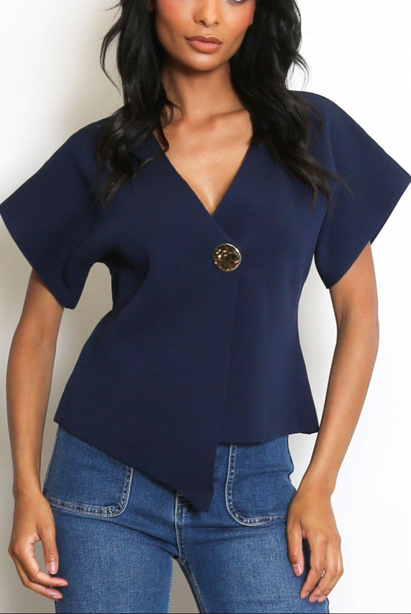 Navy Fine Knit Asymmetric Cardigan Top