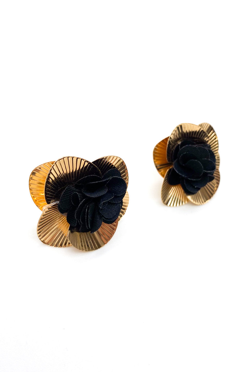 Black Chiffon Gold Flower Petal Earrings