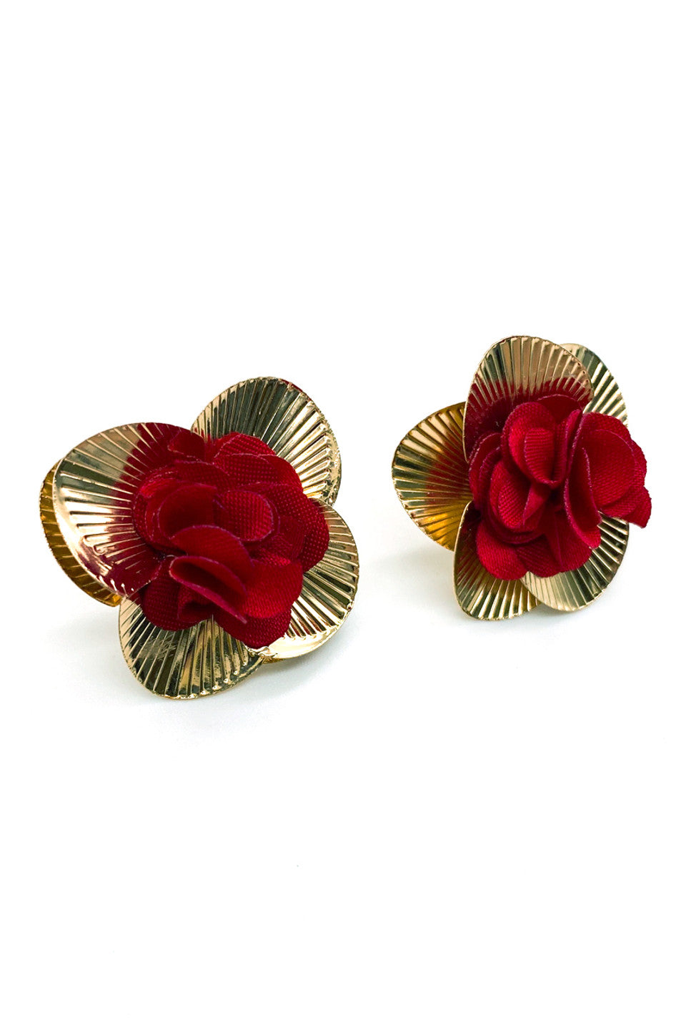 Red Chiffon Gold Flower Petal Earrings