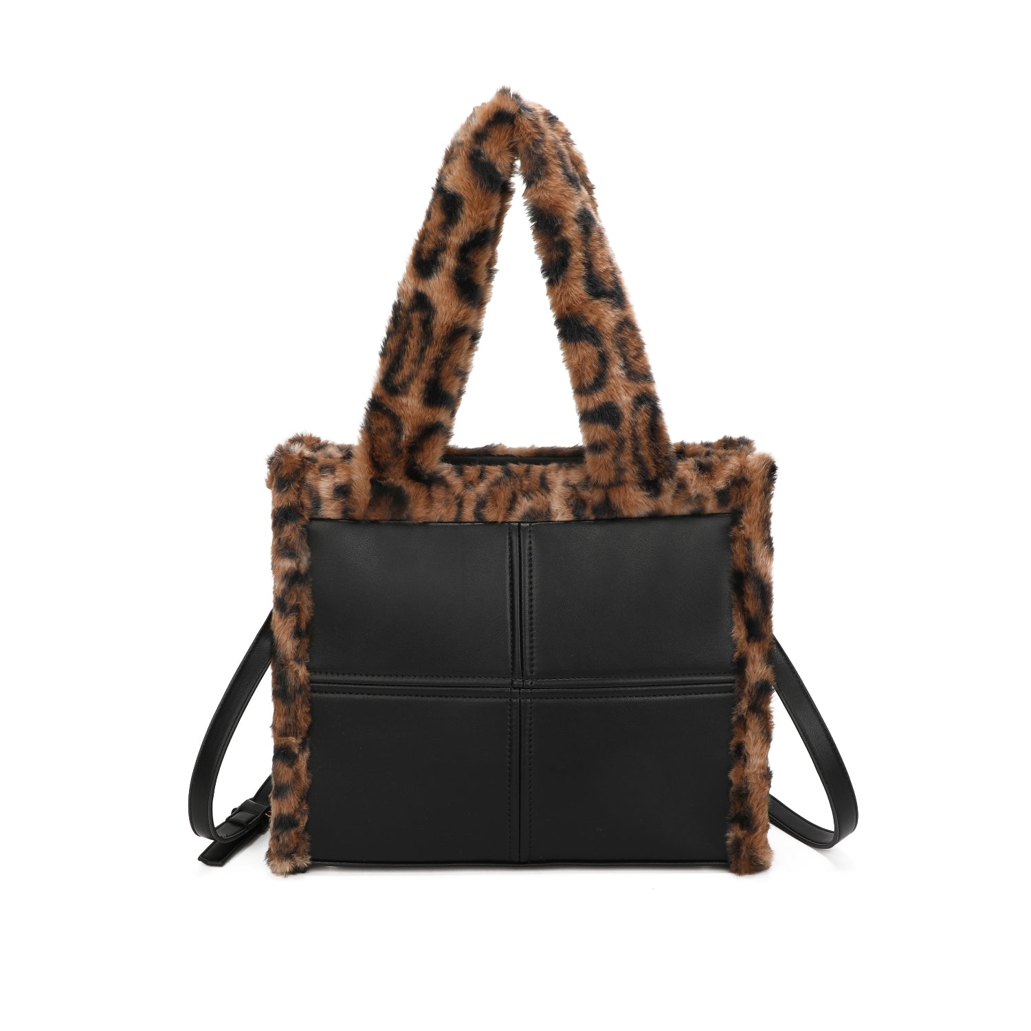 Leopard Faux Fur Trim Small Black Tote Bag