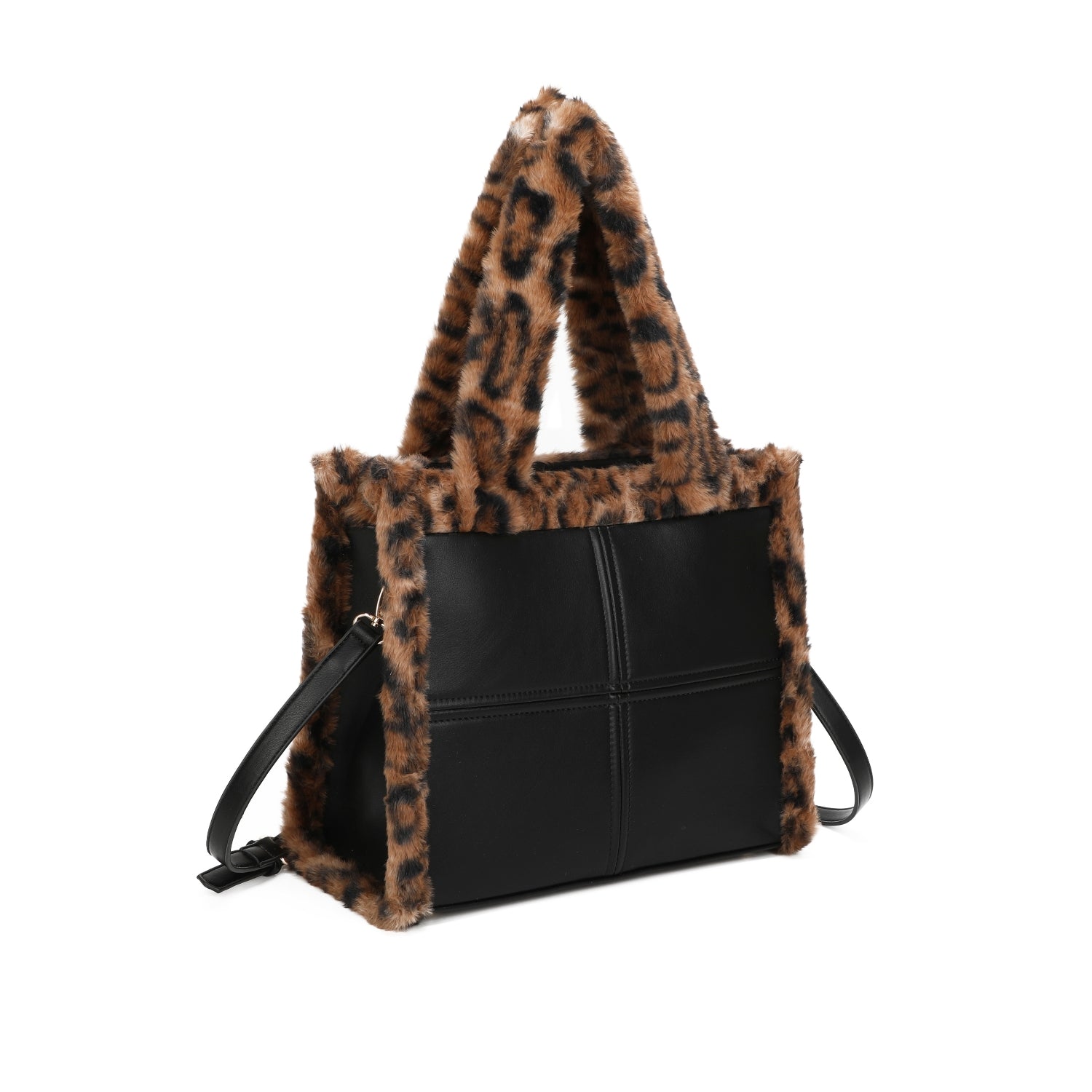 Leopard Faux Fur Trim Small Black Tote Bag