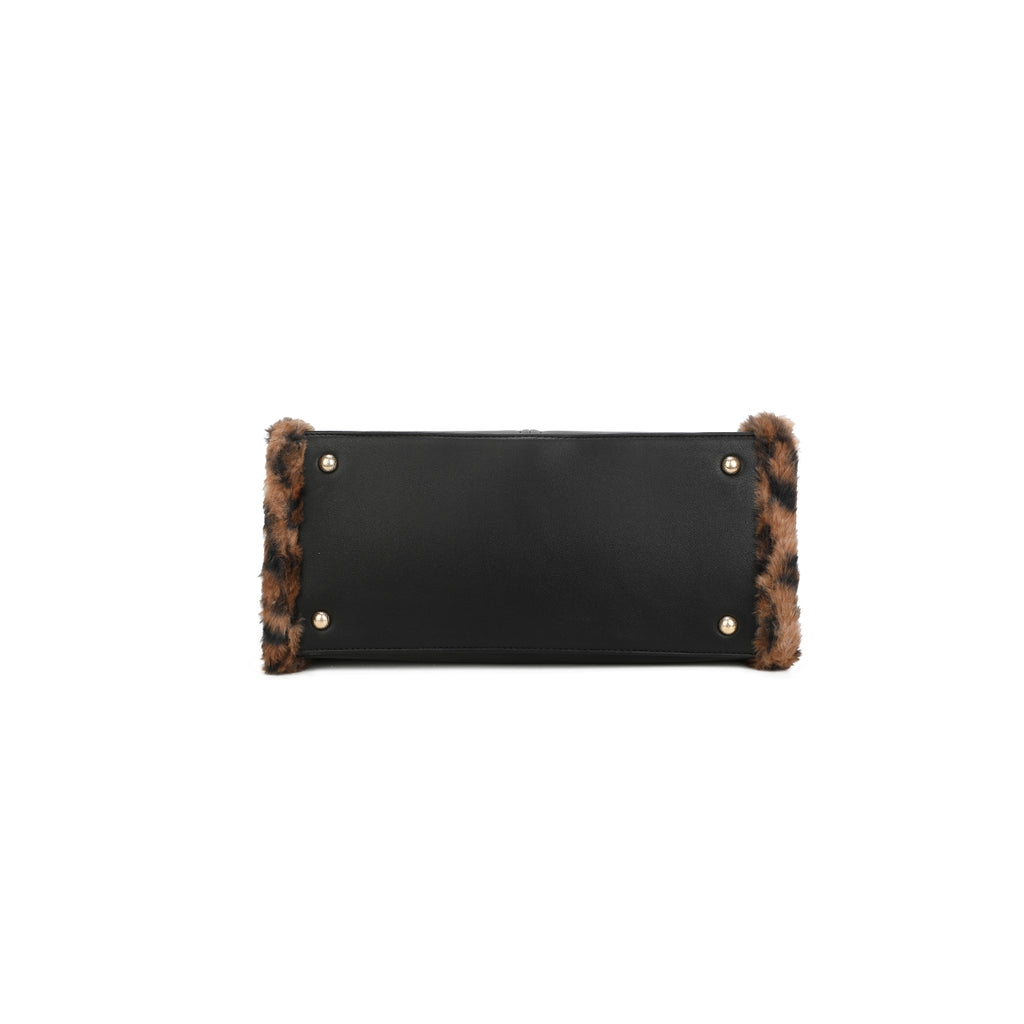Leopard Faux Fur Trim Small Black Tote Bag