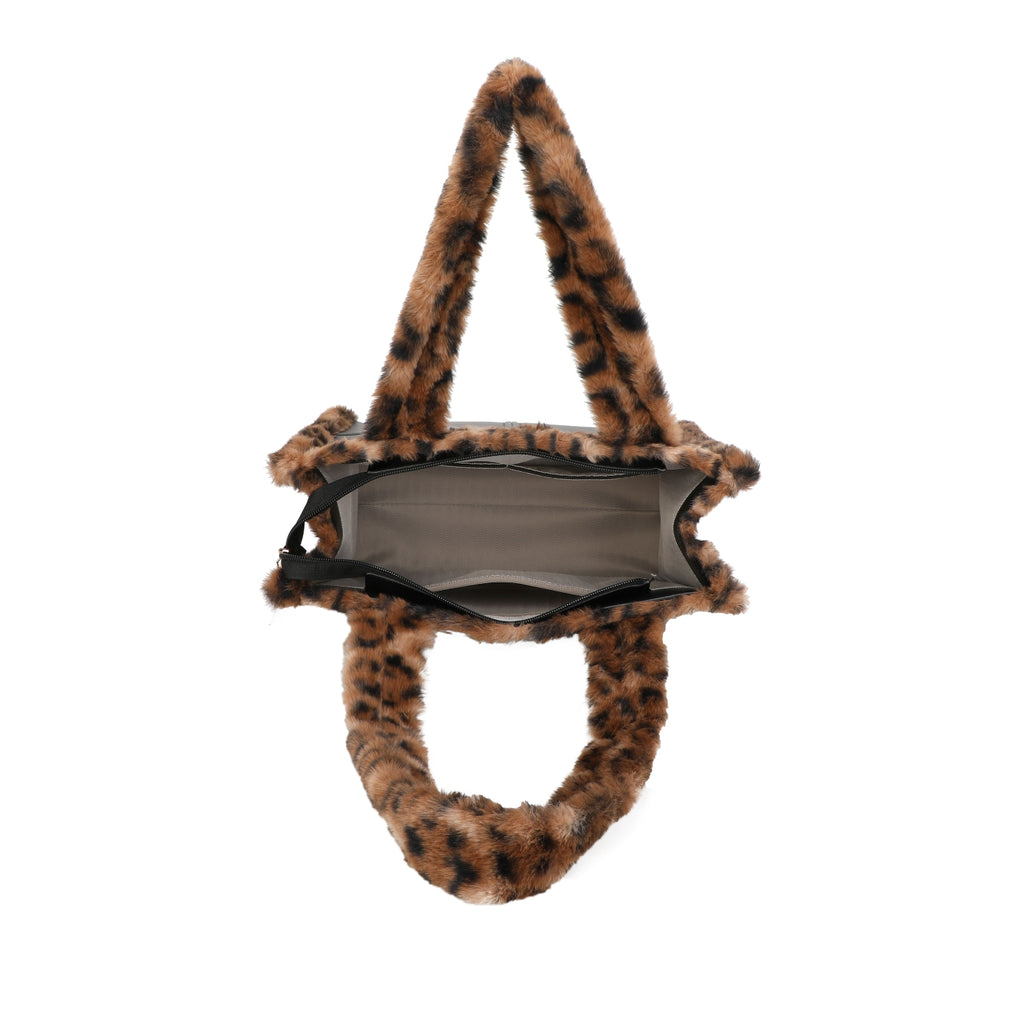 Leopard Faux Fur Trim Small Black Tote Bag