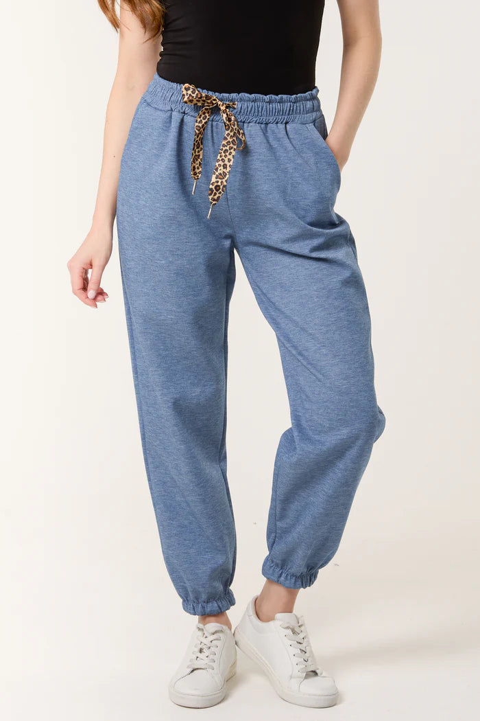 Denim Leopard Bow Cuff Hem Joggers