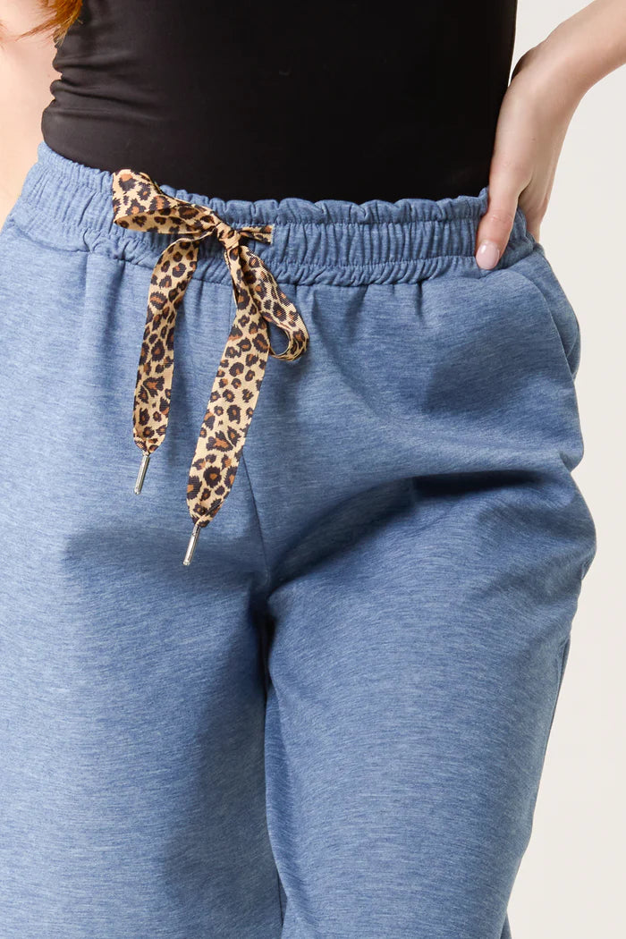 Denim Leopard Bow Cuff Hem Joggers