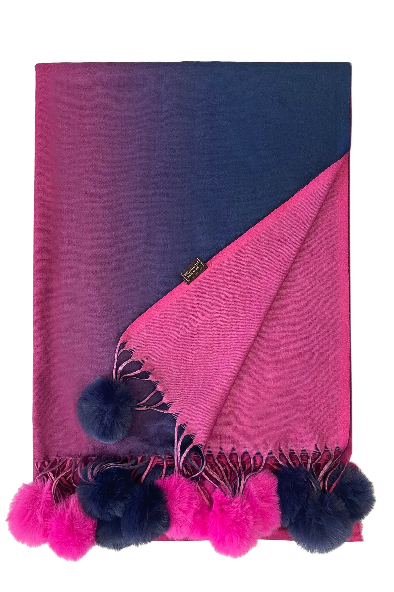 Pink Ombre Wool & Faux Fur Pom Pom Scarf