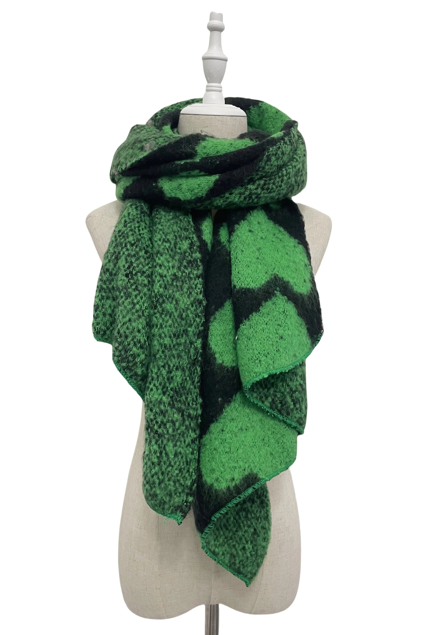 Green Loveheart Print Diagonal Edge Wool Scarf