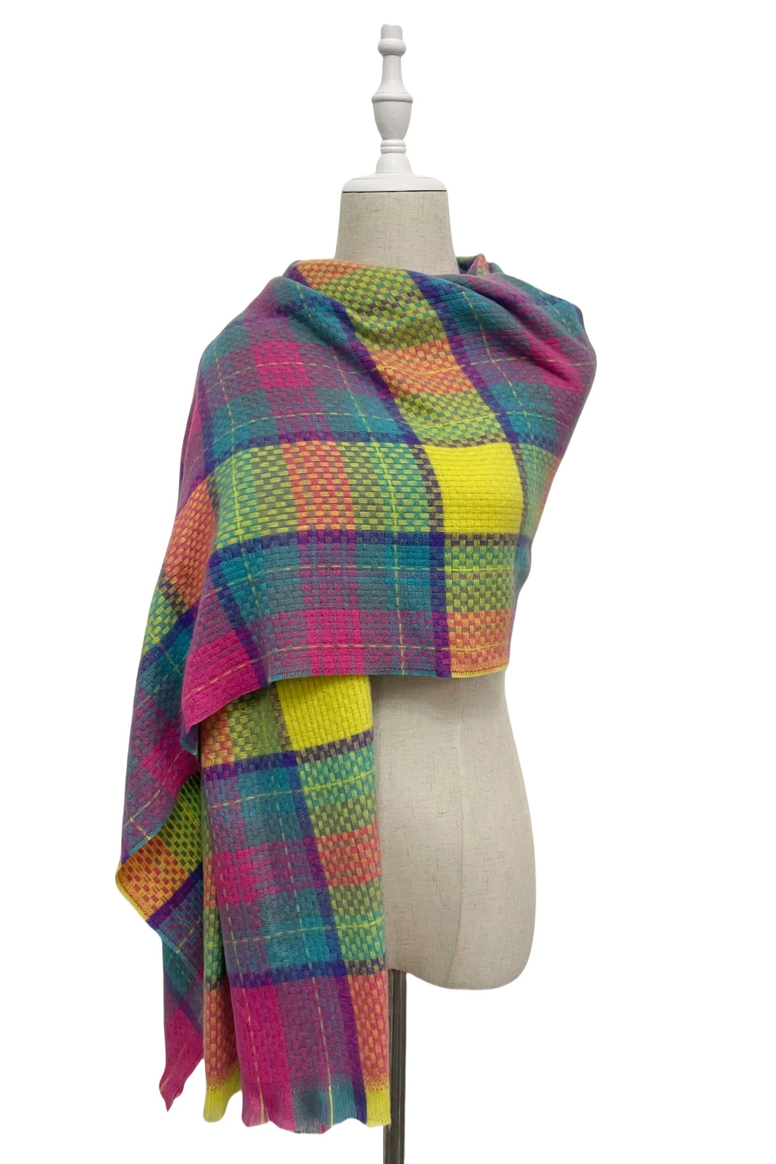 Pink Multi Coloured Soft Woven Check Frayed Scarf