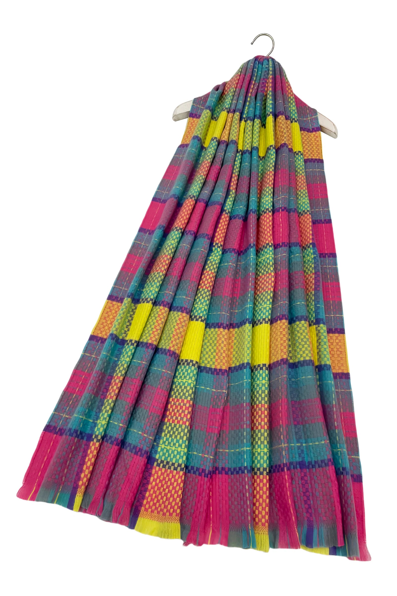 Pink Multi Coloured Soft Woven Check Frayed Scarf