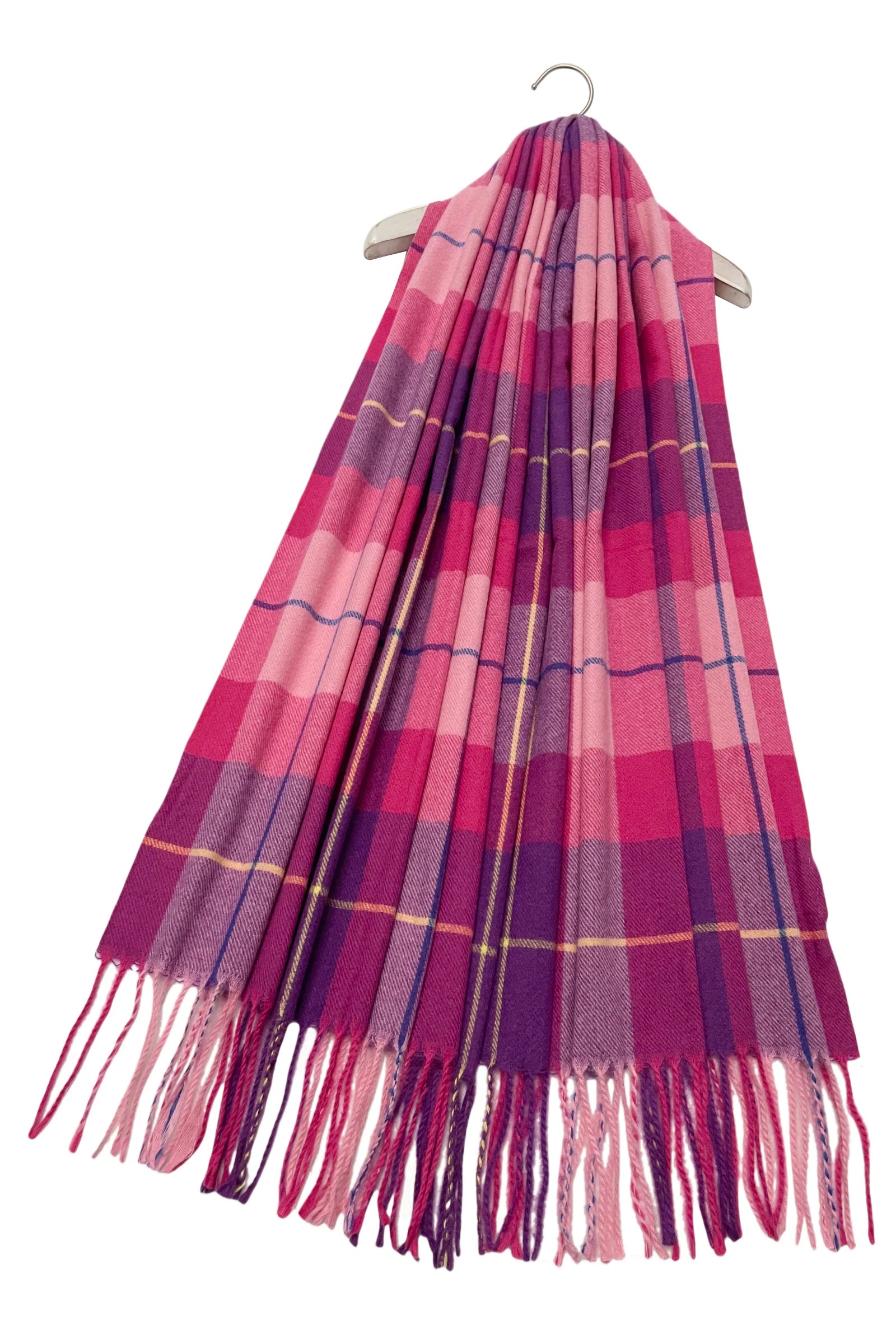 Pink Tartan Grid Check Print Tassel Scarf