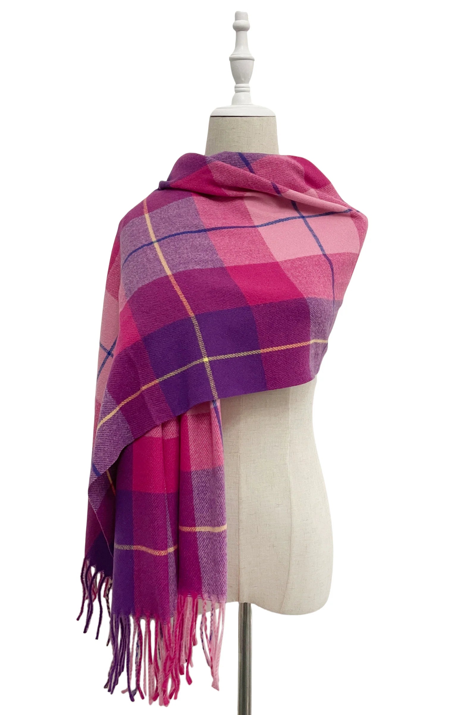 Pink Tartan Grid Check Print Tassel Scarf