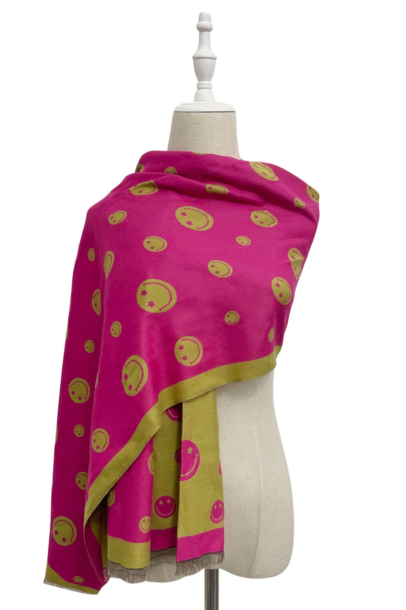 Pink Smiley Face Reversible Frayed Scarf