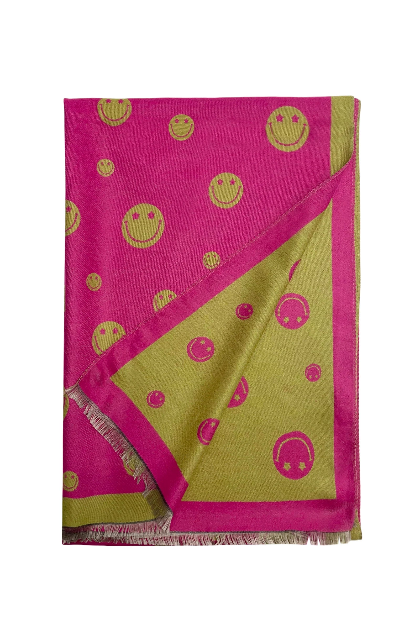 Pink Smiley Face Reversible Frayed Scarf