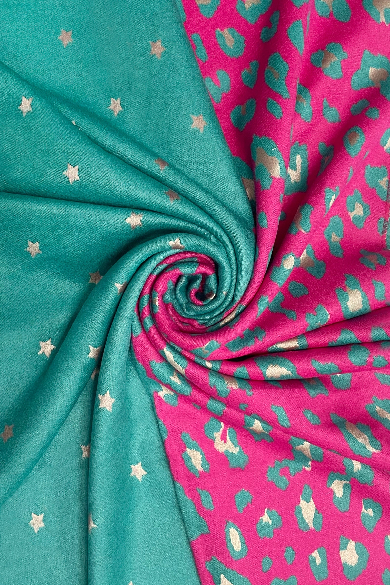 Turquoise and Pink Star & Leopard Reversible Print Frayed Scarf