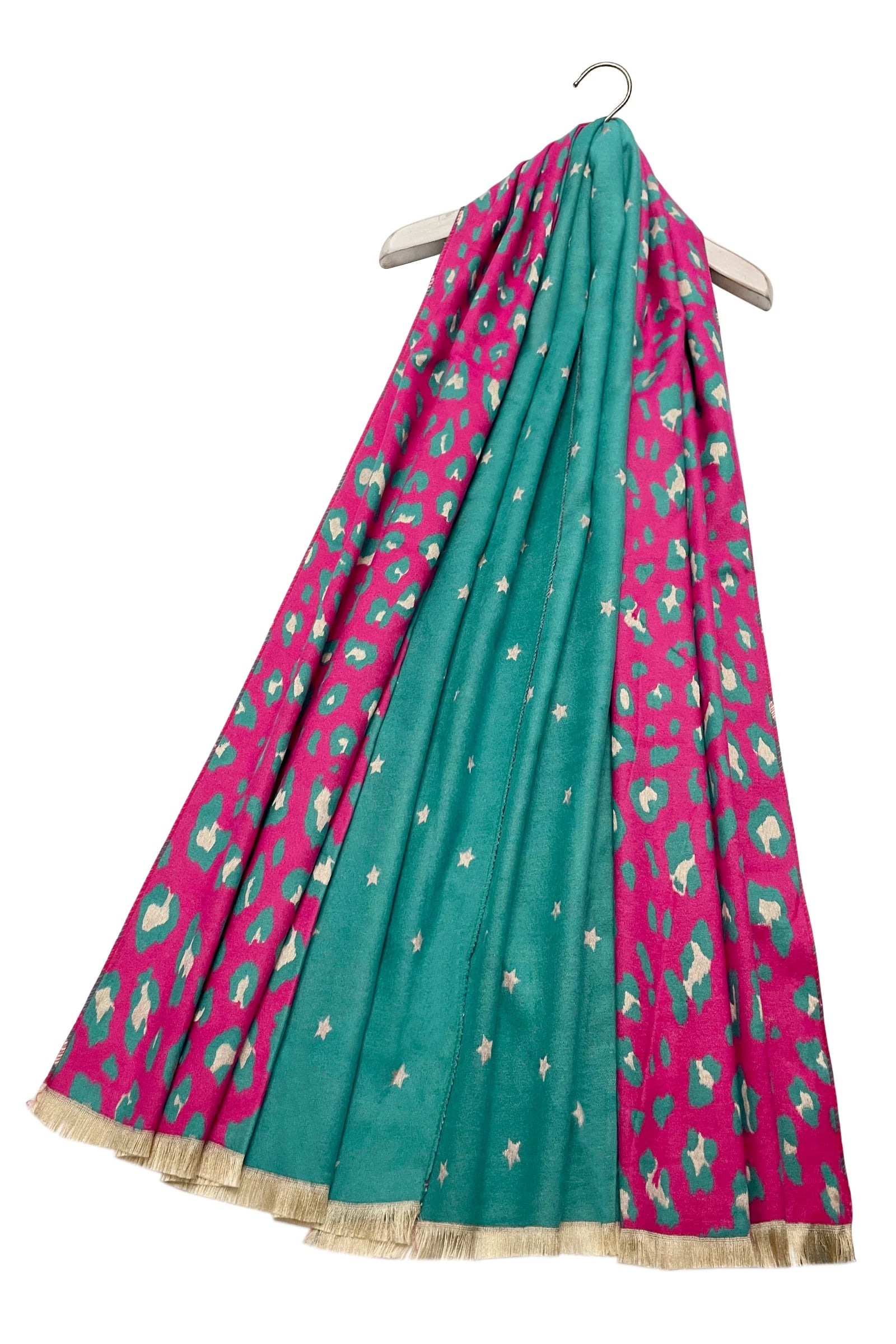Turquoise and Pink Star & Leopard Reversible Print Frayed Scarf