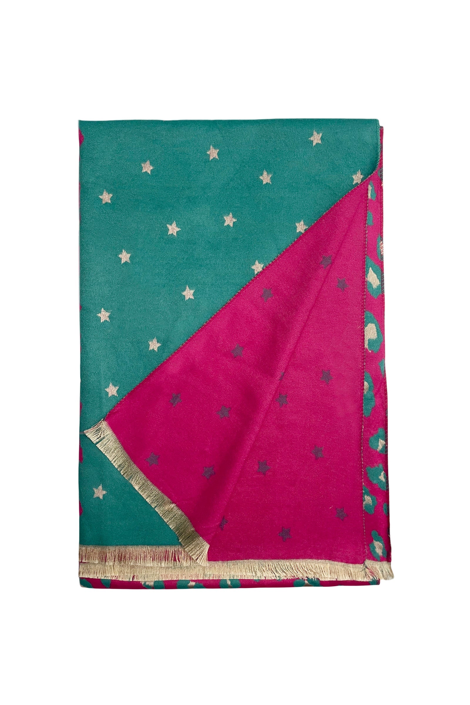 Turquoise and Pink Star & Leopard Reversible Print Frayed Scarf