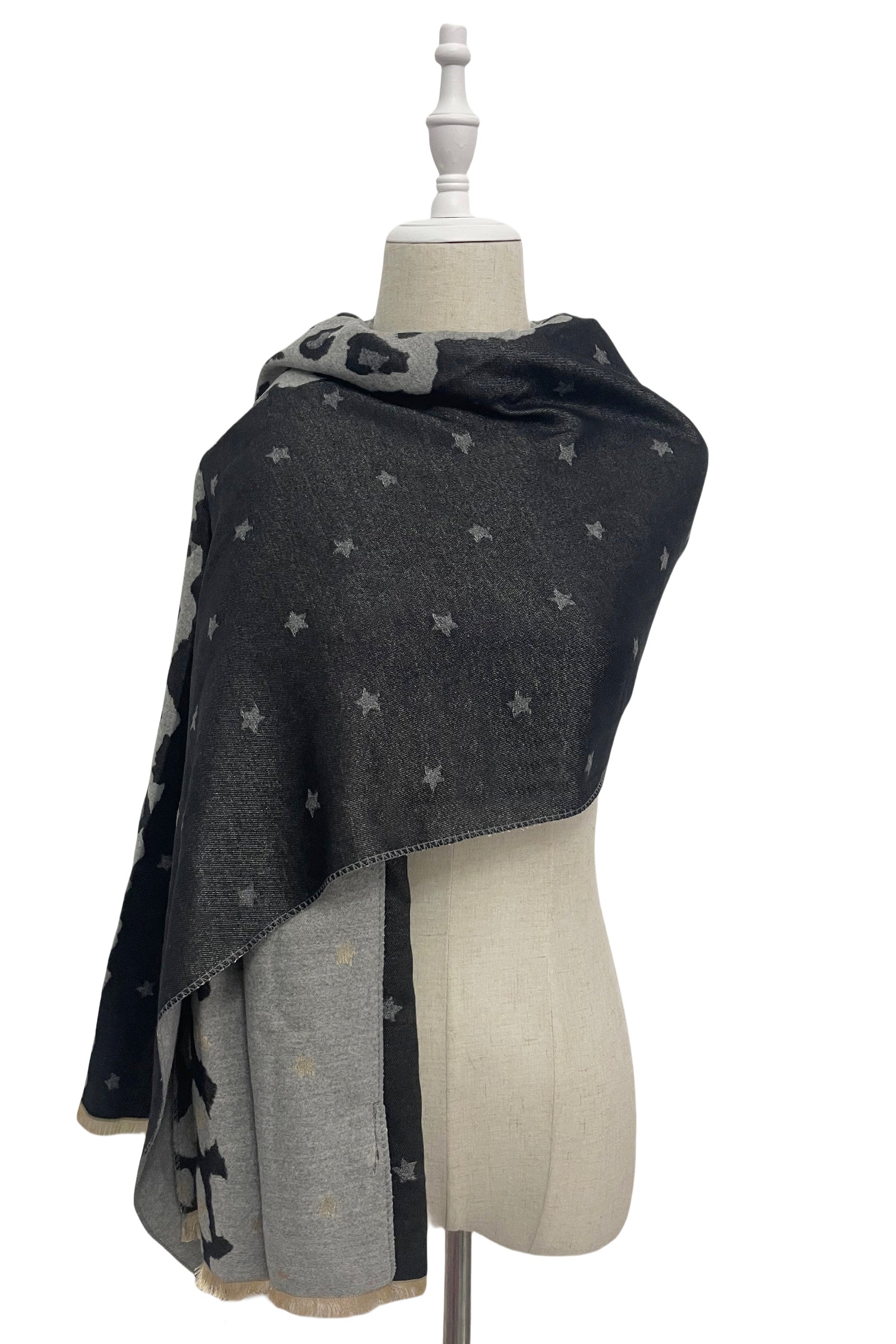 Star & Leopard Black Reversible Print Frayed Scarf