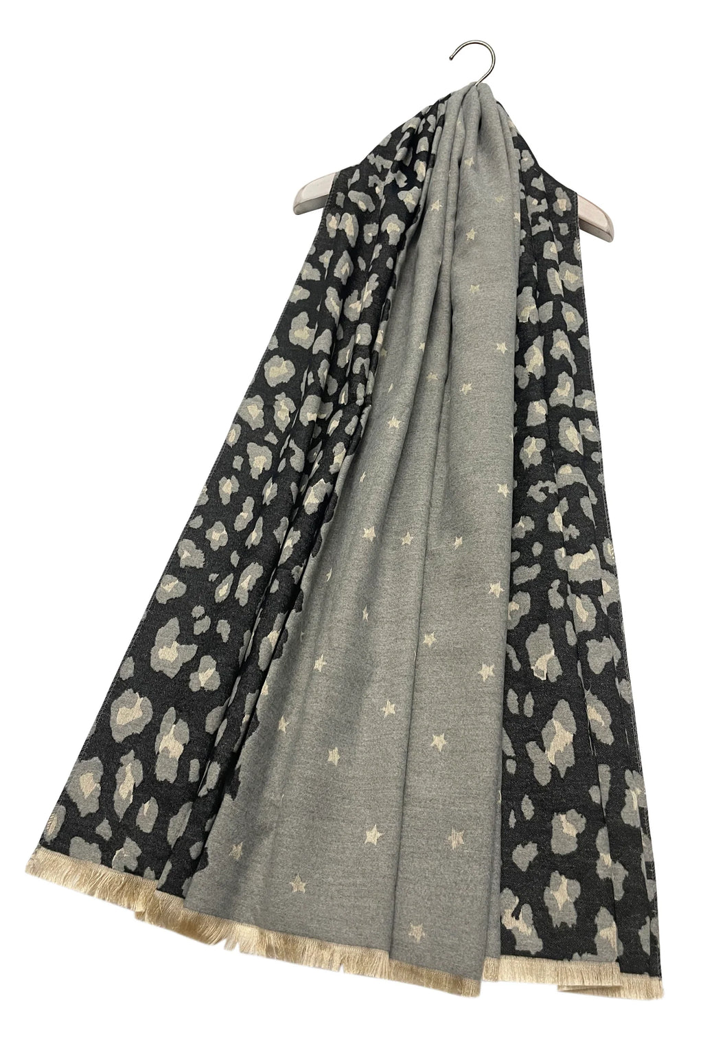 Star & Leopard Black Reversible Print Frayed Scarf