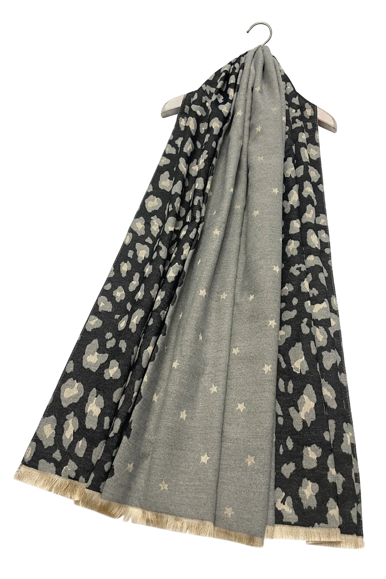 Star & Leopard Black Reversible Print Frayed Scarf