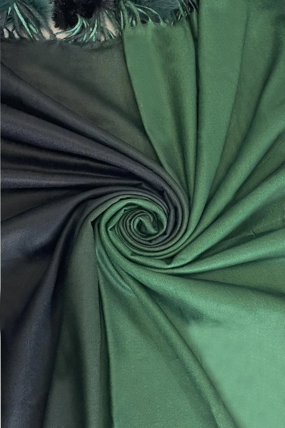 Green Ombre Wool & Faux Fur Pom Pom Scarf