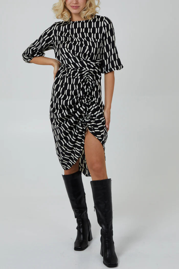 Monochrome Geometric Ruched Hem Dress
