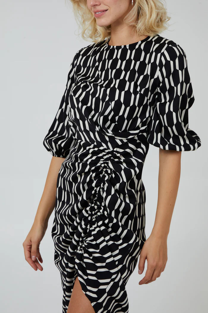 Monochrome Geometric Ruched Hem Dress