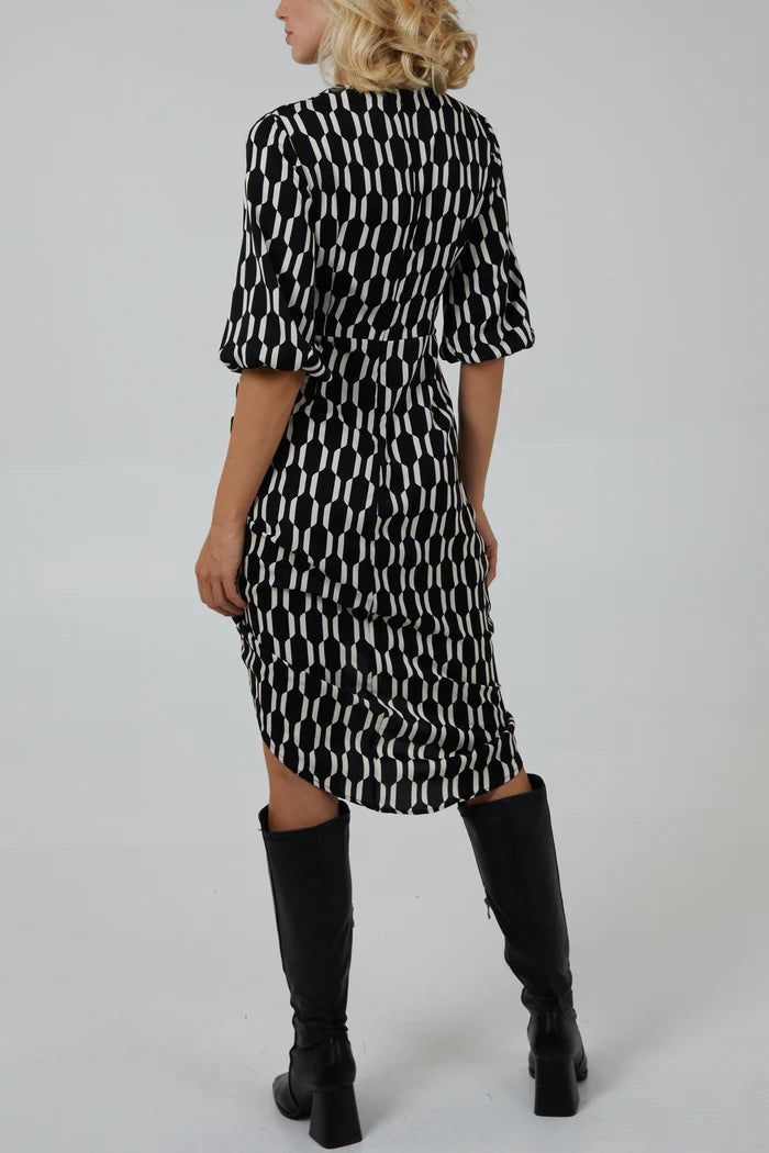 Monochrome Geometric Ruched Hem Dress