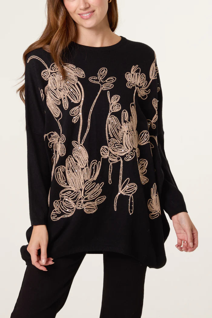 Sequin and Flower Embroidered Knit Jumper