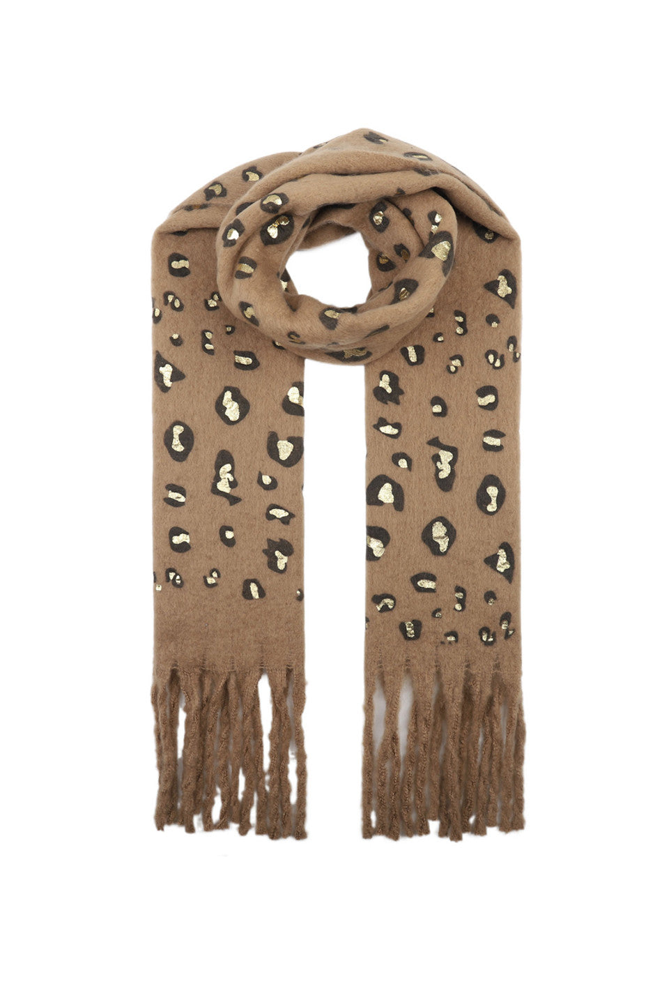Camel Metallic Leopard Print Tassel Scarf