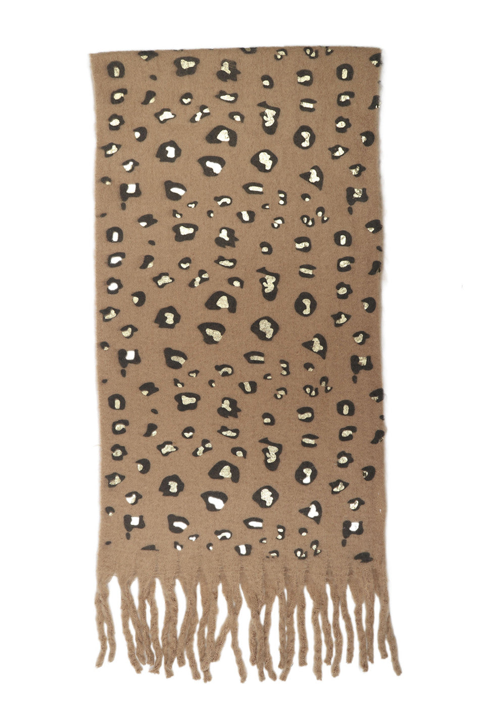 Camel Metallic Leopard Print Tassel Scarf