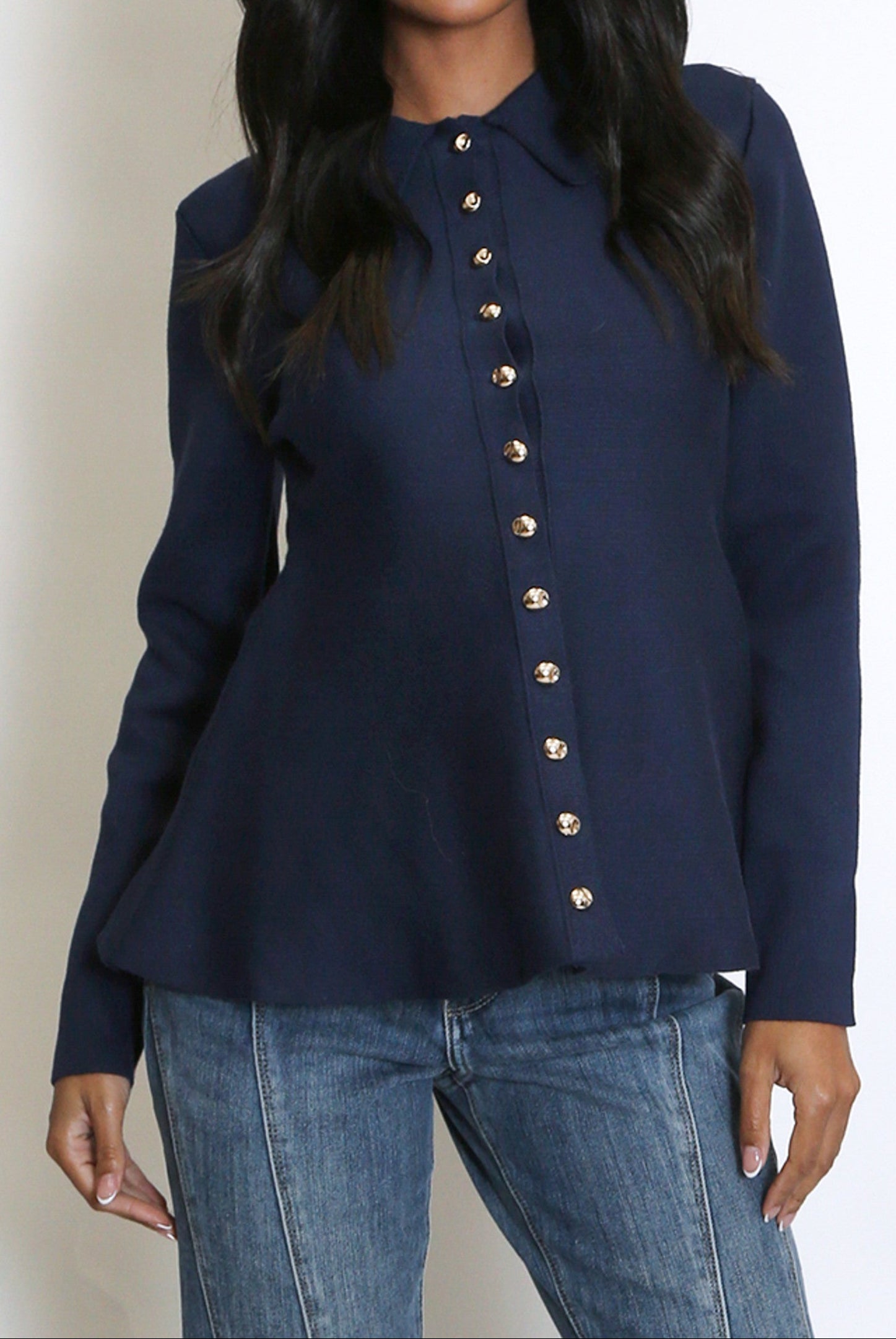 Navy Soft Knit Peplum Collared Cardigan