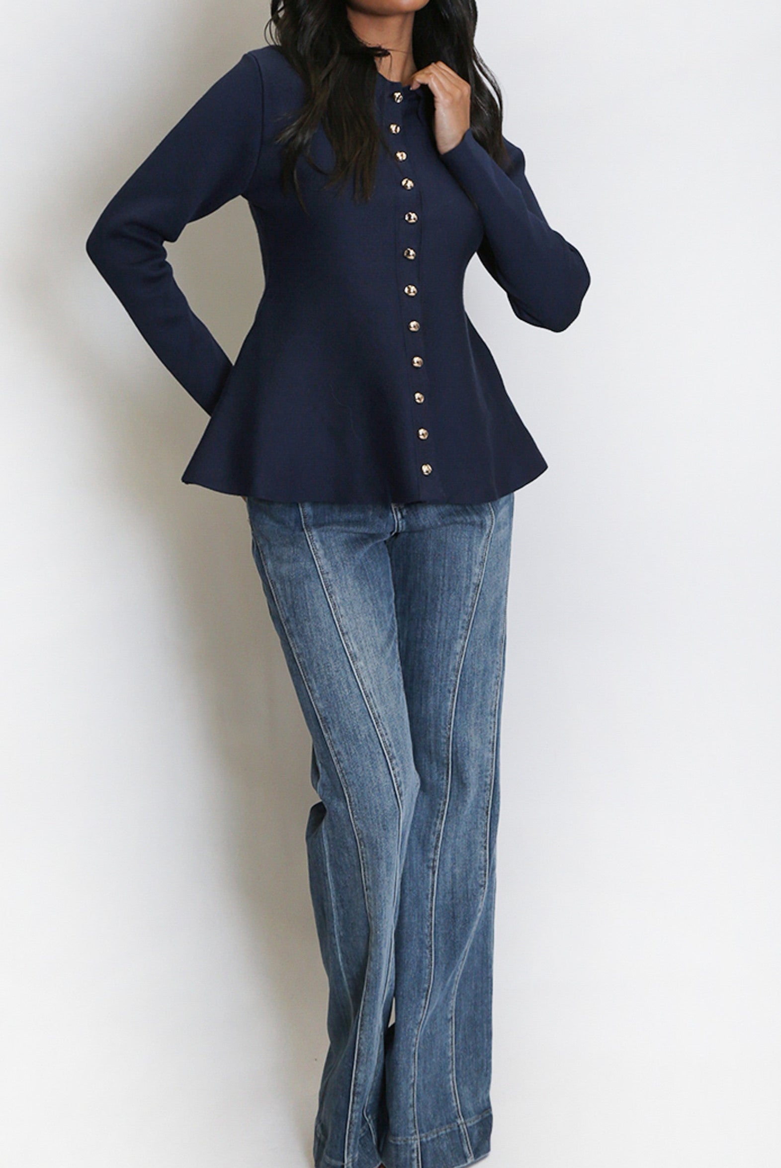 Navy Soft Knit Peplum Collared Cardigan
