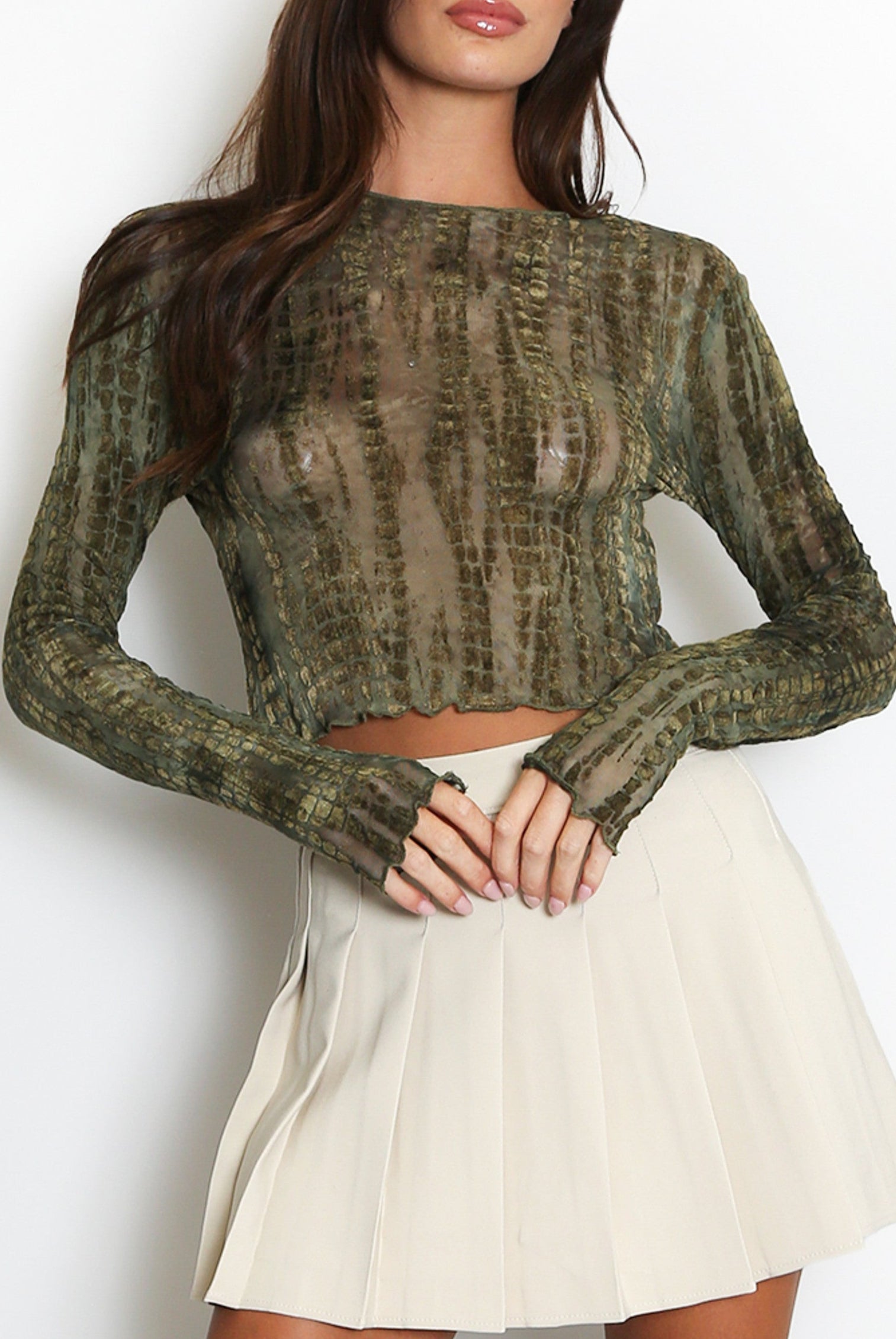 Green Abstract Mesh Long Sleeve Top