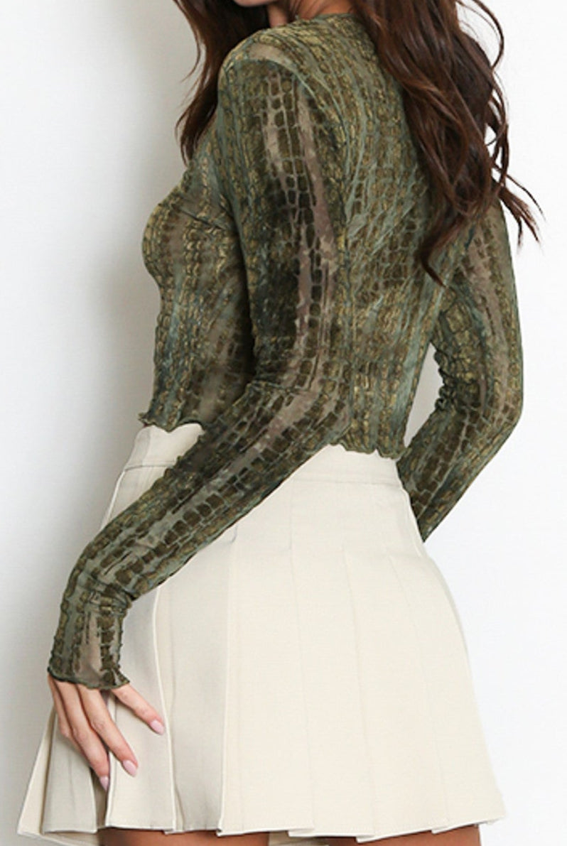 Green Abstract Mesh Long Sleeve Top