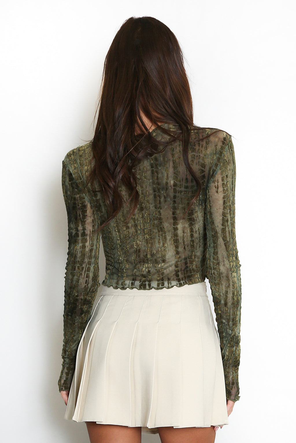 Green Abstract Mesh Long Sleeve Top