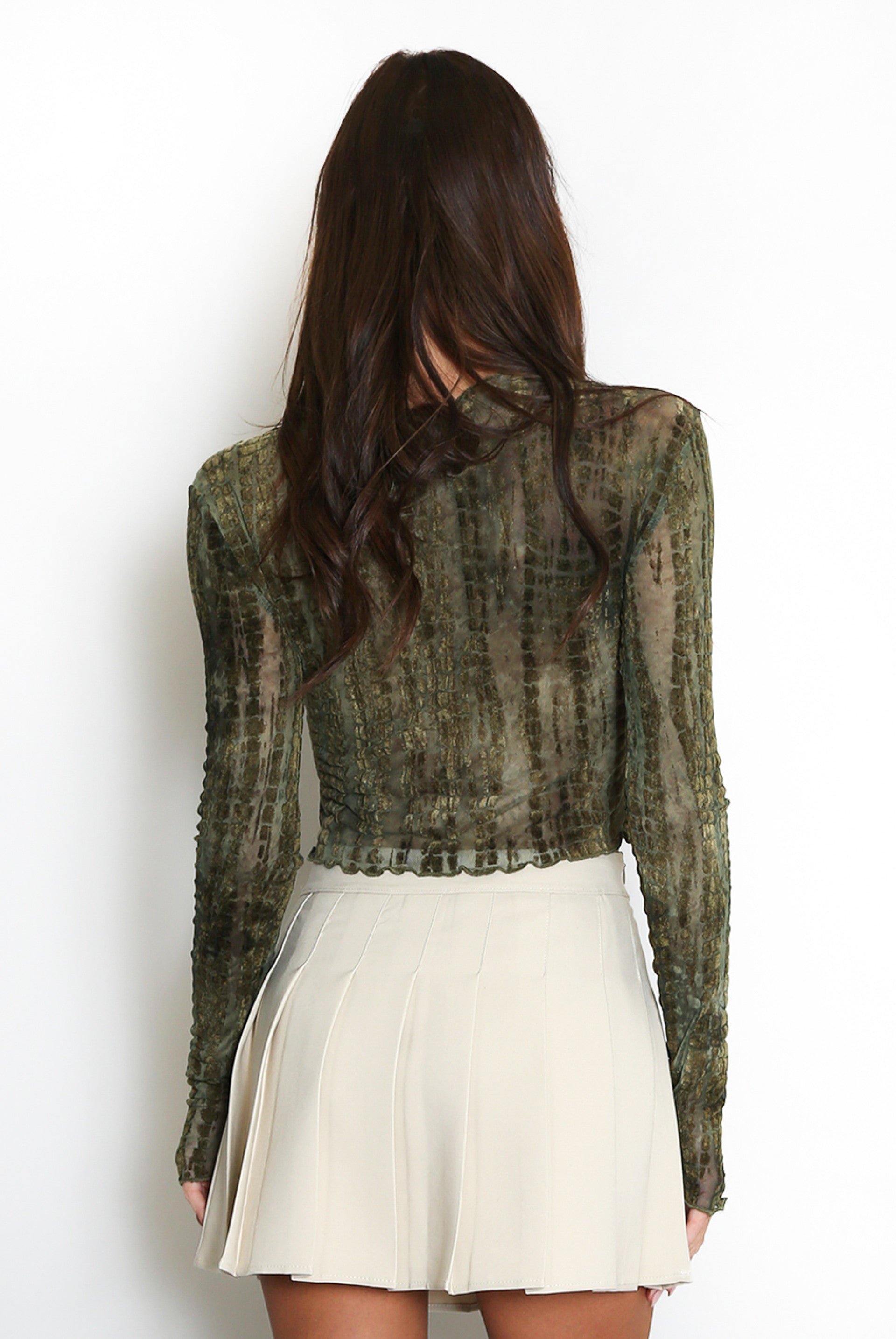 Green Abstract Mesh Long Sleeve Top