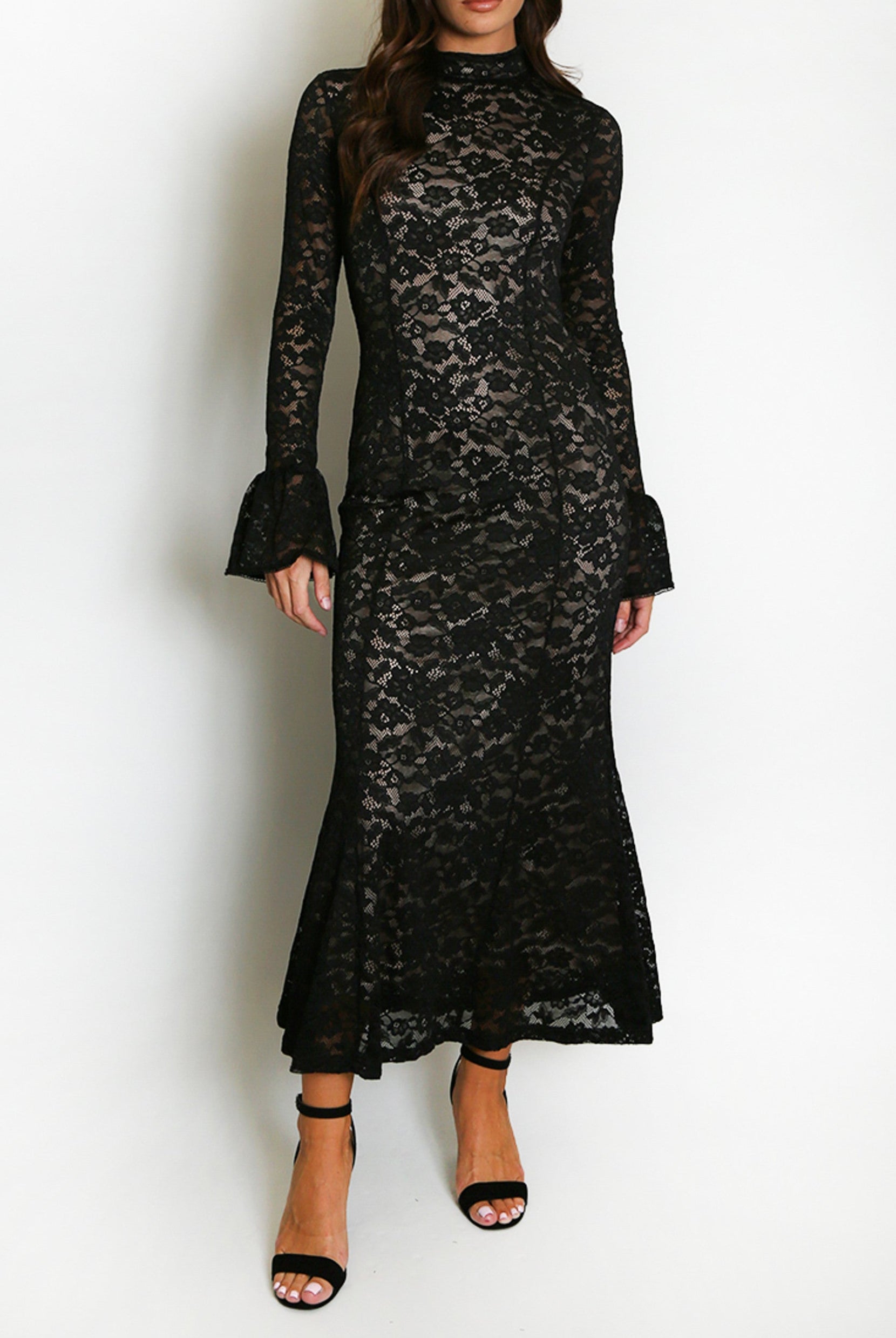 High Neck Lined Lace Maxi Dress