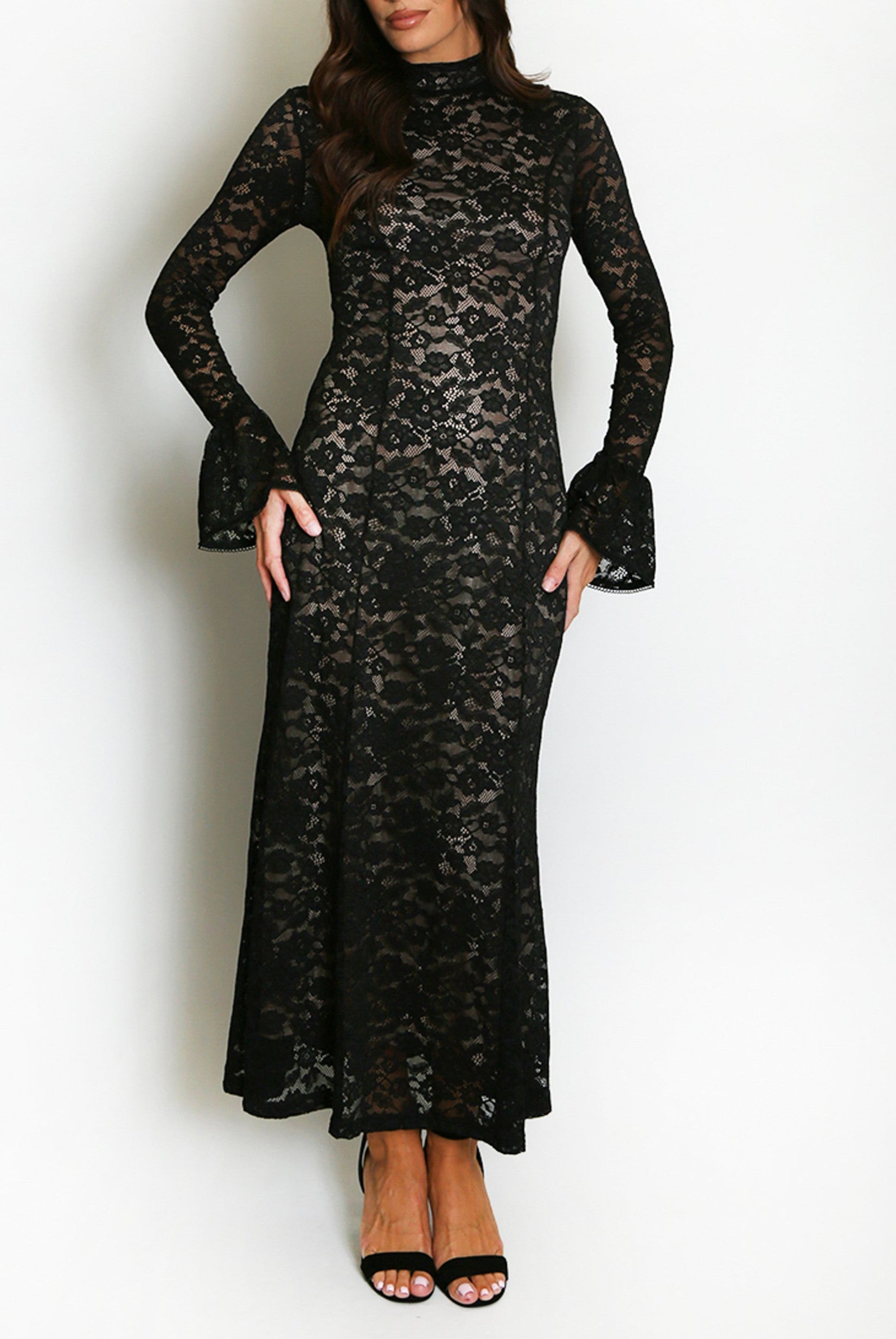 High Neck Lined Lace Maxi Dress