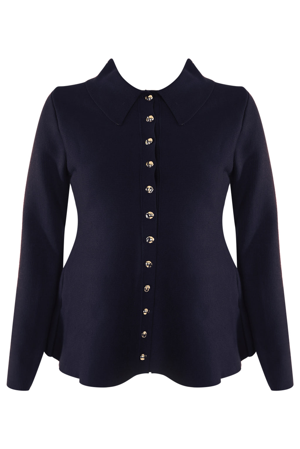 Navy Soft Knit Peplum Collared Cardigan