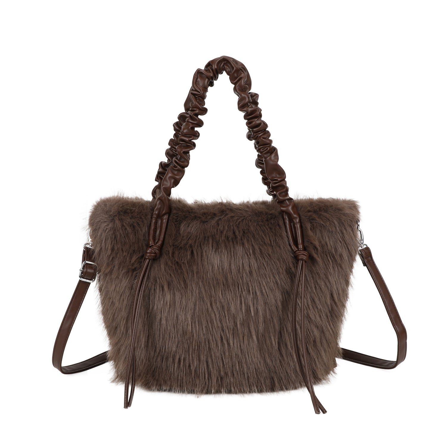 Coffee Faux Fur Scrunch Handle Hand Bag