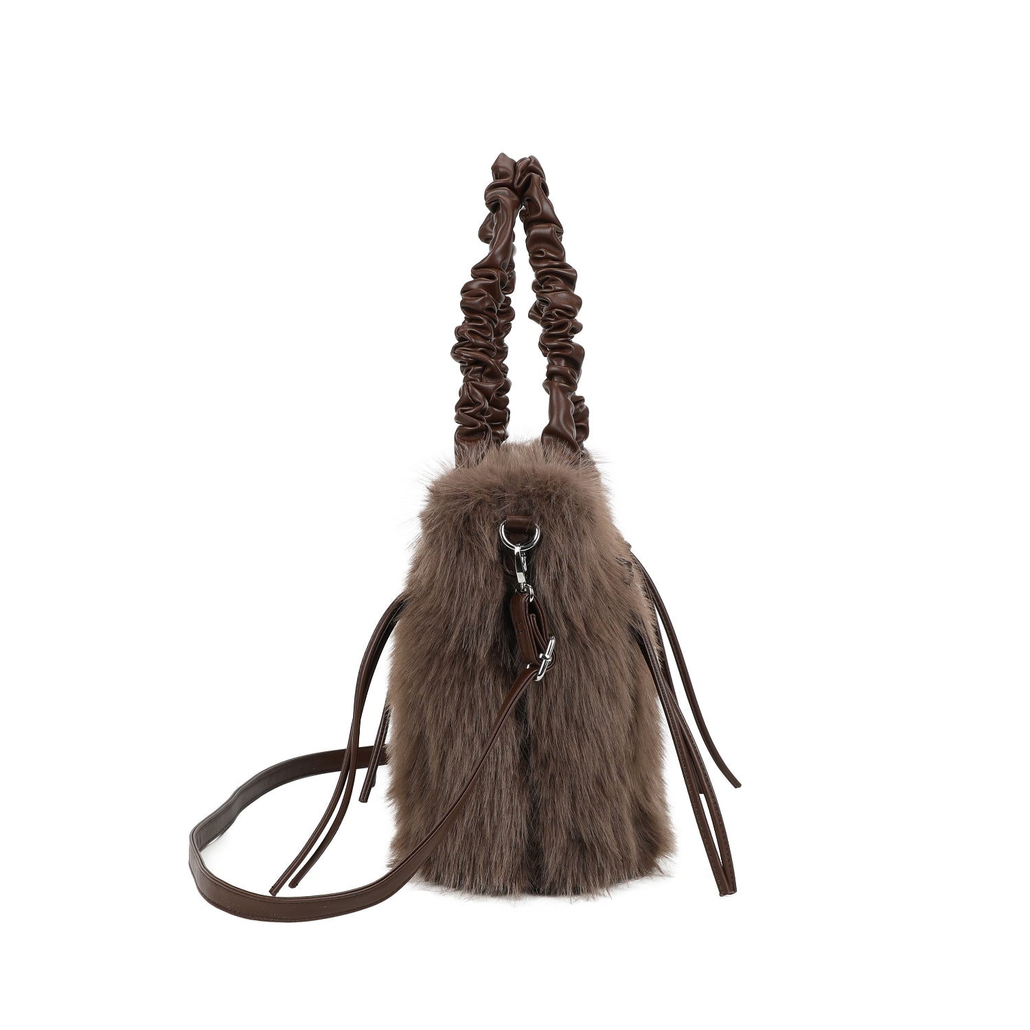 Coffee Faux Fur Scrunch Handle Hand Bag