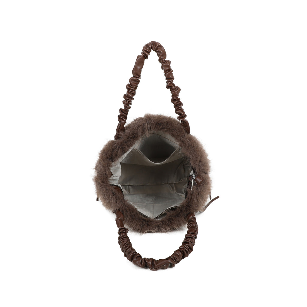 Coffee Faux Fur Scrunch Handle Hand Bag