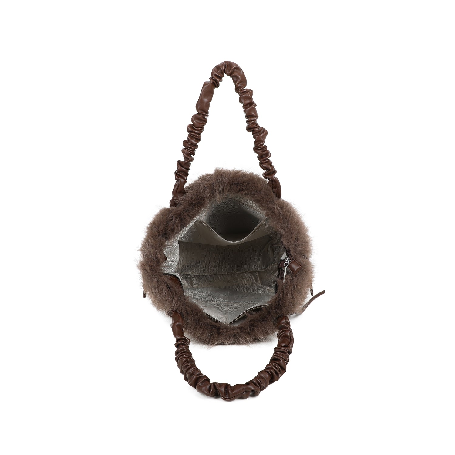 Coffee Faux Fur Scrunch Handle Hand Bag