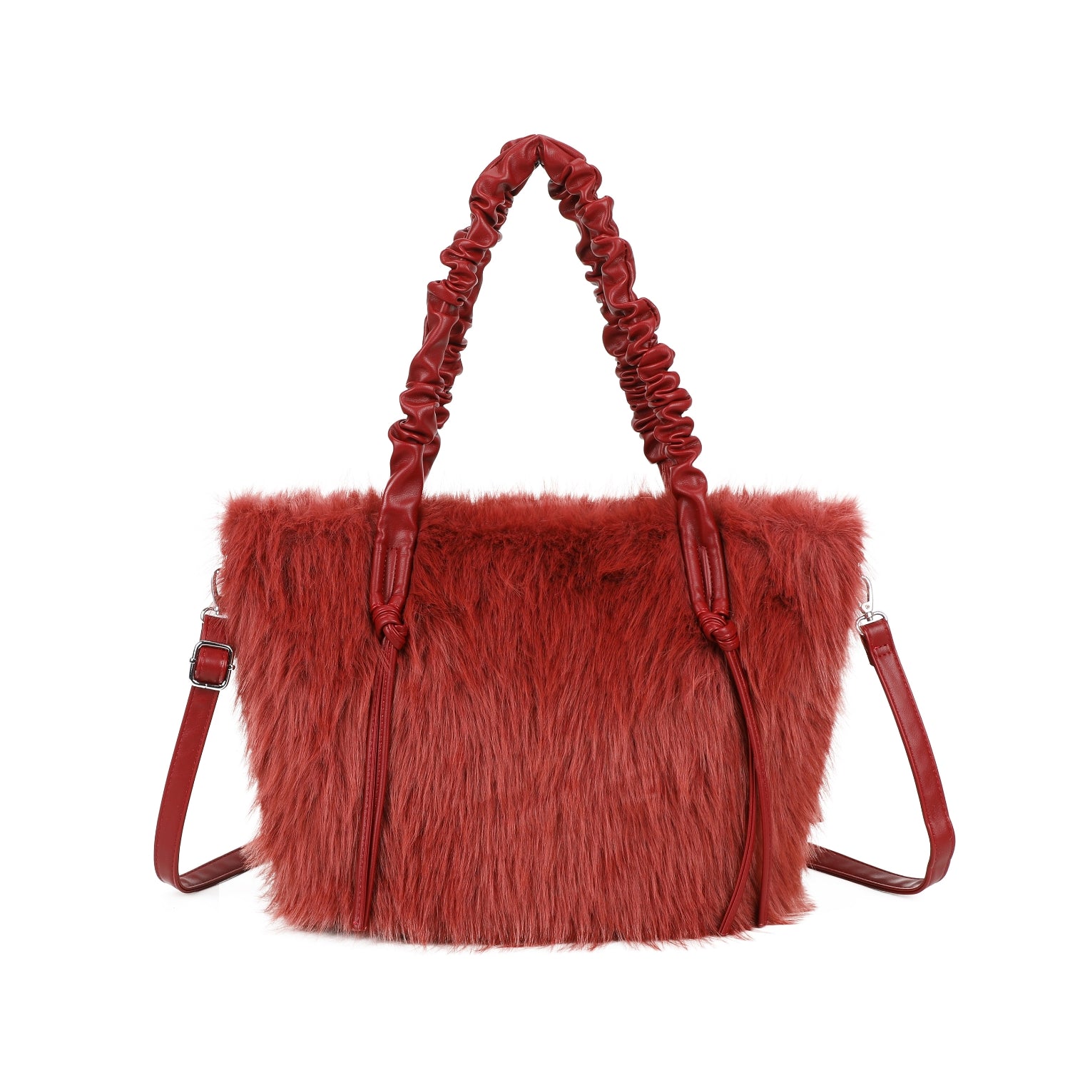 Wine Faux Fur Scrunch Handle Hand Bag