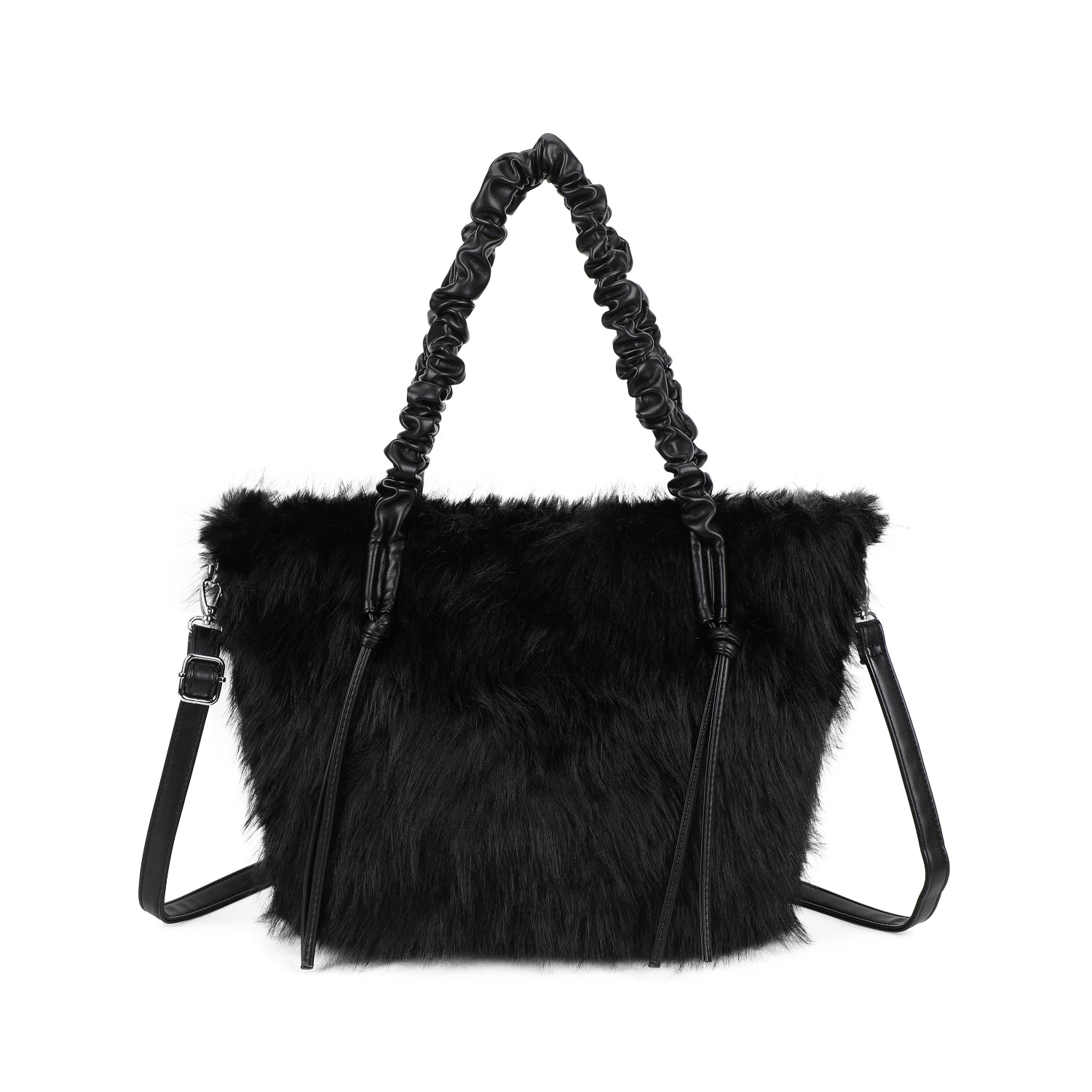 Black Faux Fur Scrunch Handle Hand Bag