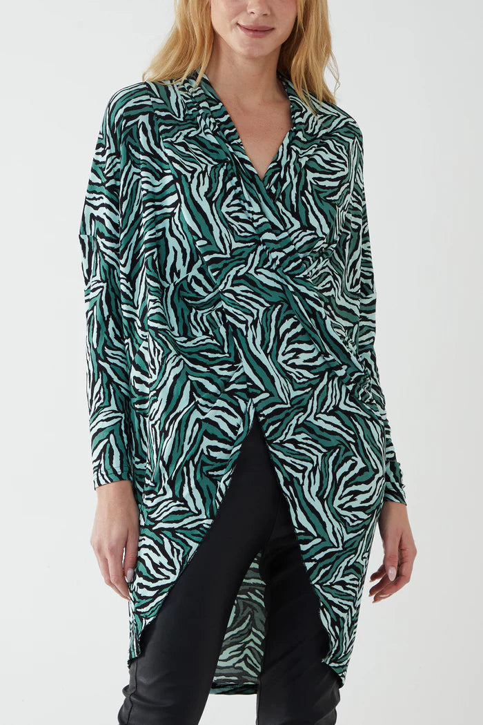 Green Zebra Print Draped Dip Hem Top