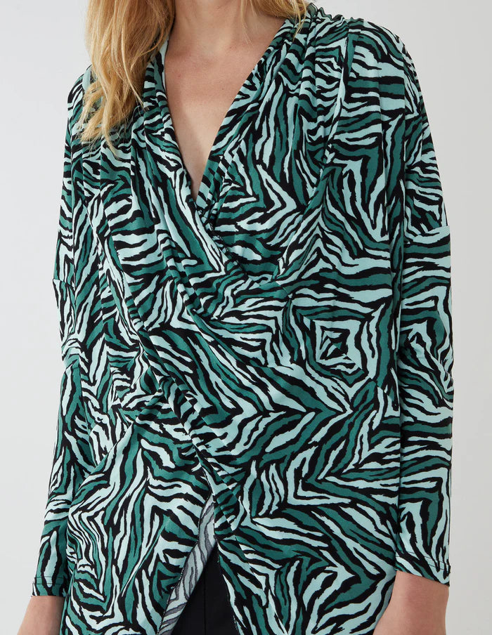 Green Zebra Print Draped Dip Hem Top