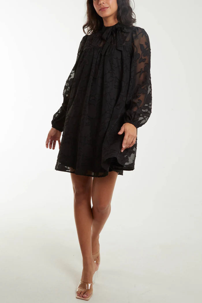 Black Sheer Flocked Bow Mini Dress